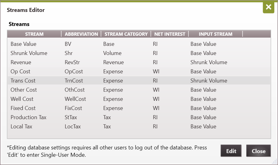 Database Settings - Streams