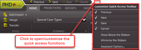 Navigating PHDwin - Quick Access toolbar