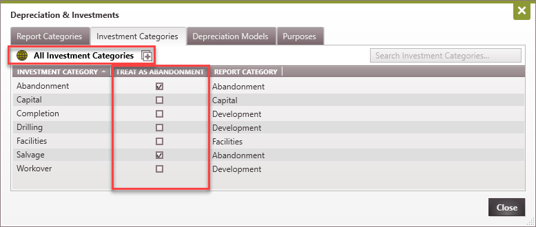 Database setting - Depr Inv Categories