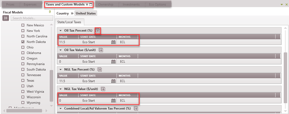 Fiscal Models - Static Variables State Taxes and Custom Models form