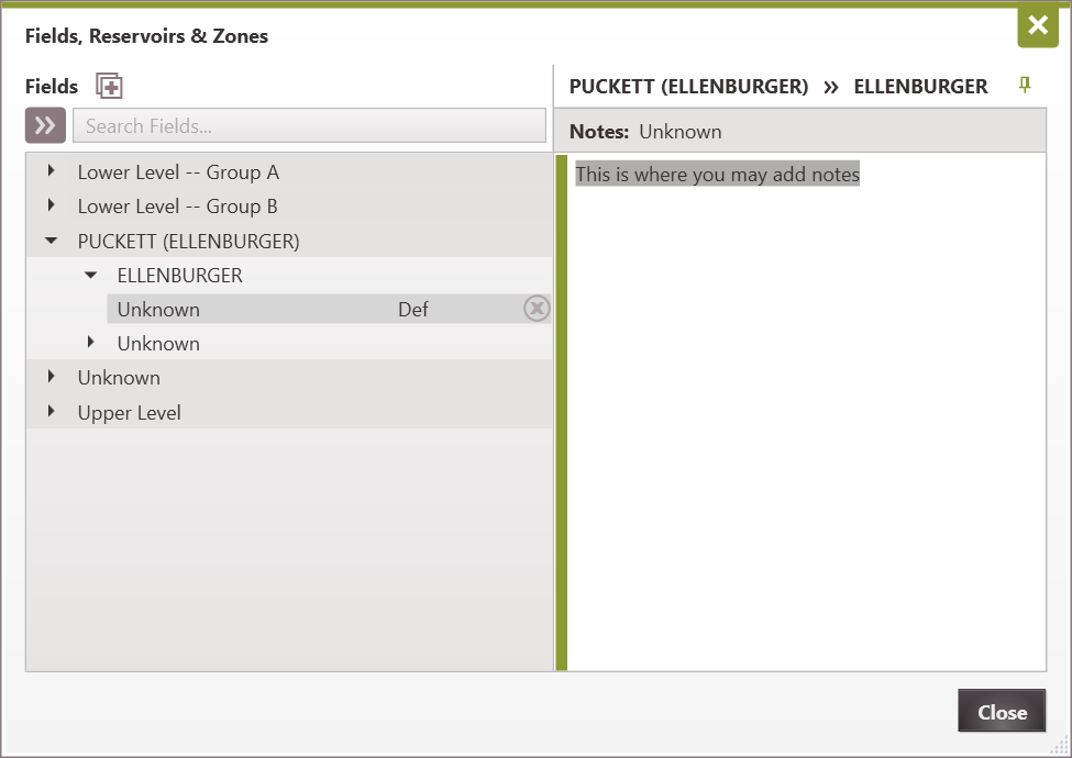 Database Settings - Fields,Reservoirs,&ZonesNotes