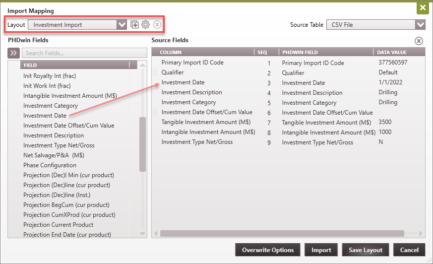 Importing - CSV import layout economic input Investment