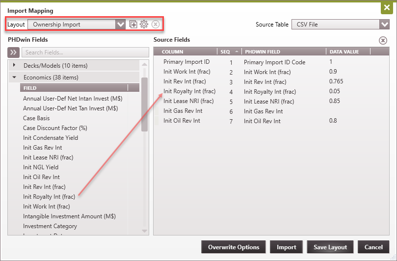 Importing - CSV import layout economic input Ownership