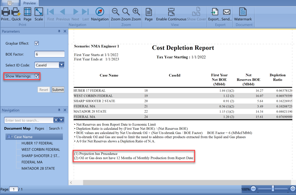 Report - Cost Depletion Report with Warnings