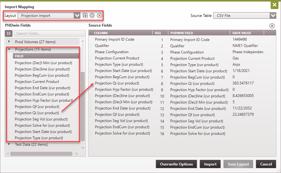 Importing - CSV import layout projection