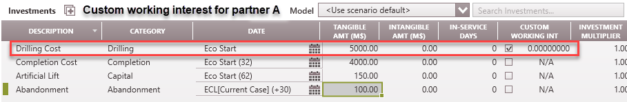 Ownership custom working interest for partner A