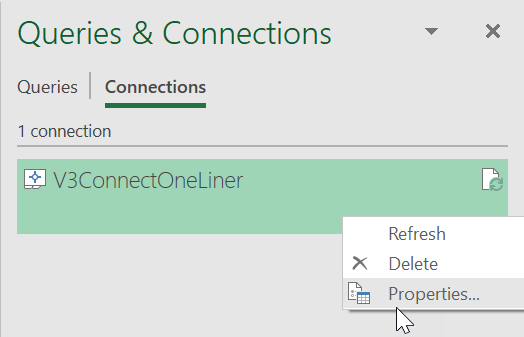 V3C - Excel Connection Properties