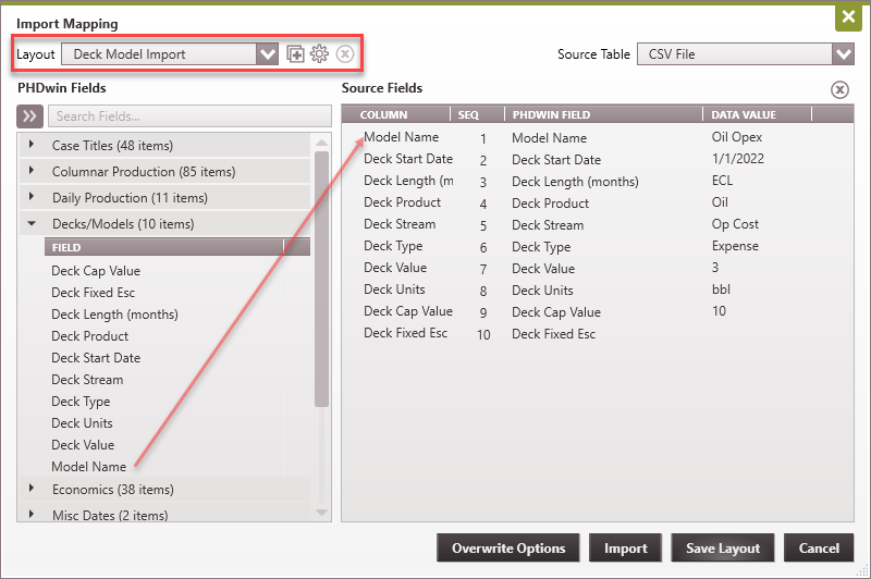 Importing - CSV import layout economic Model input