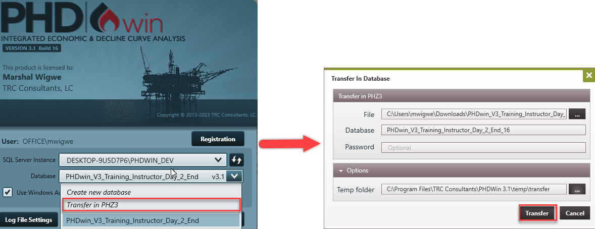Transfer in database from login screen